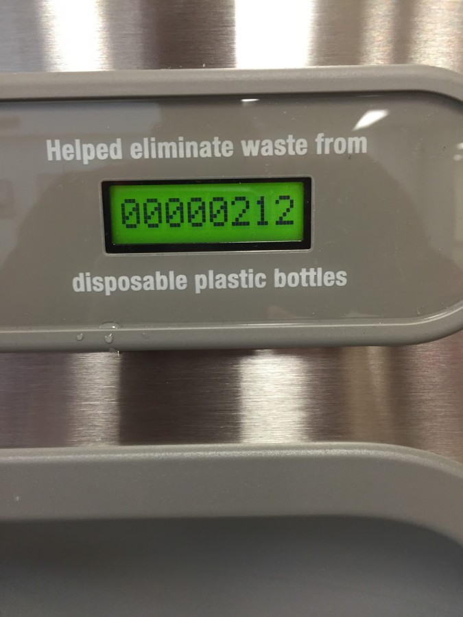 A sensor on the new water bottle filling stations indicates that it has filled the equivalent of 212 plastic bottles. 