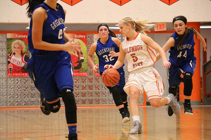 Sophomore Addy Galarno dribbles past her Greensburg defenders during a game earlier this season. 