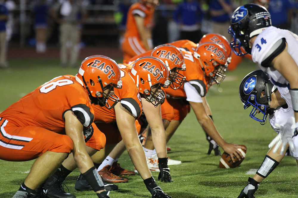 Easts offensive line prepares for the snap in the third quarter.