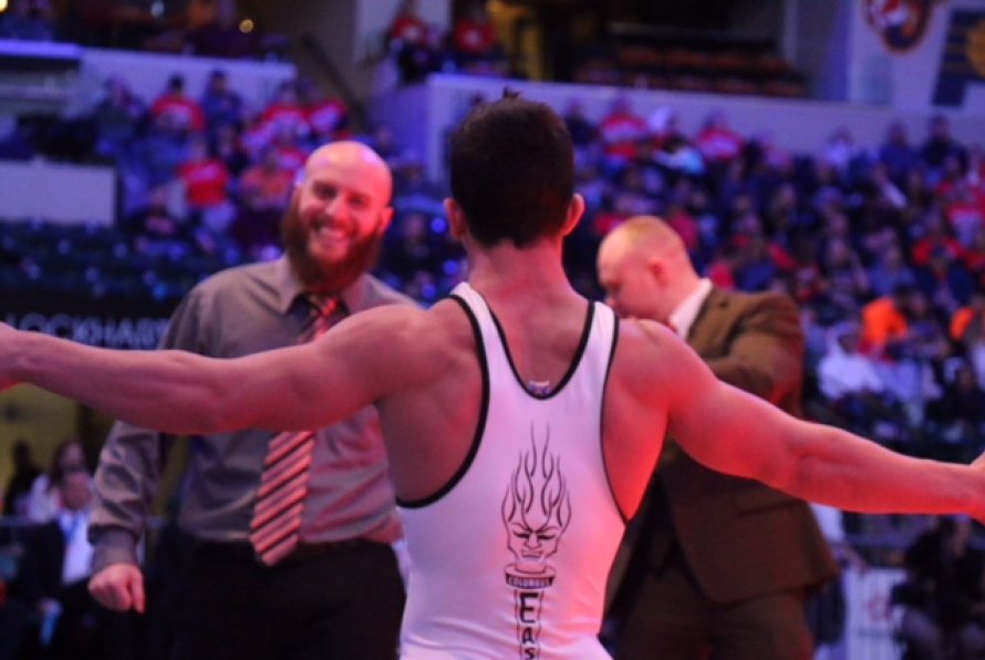 East junior Nick South celebrates his state championship in the 160-pound weight class.