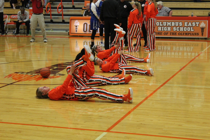 Varsity stretching in prep for the game.