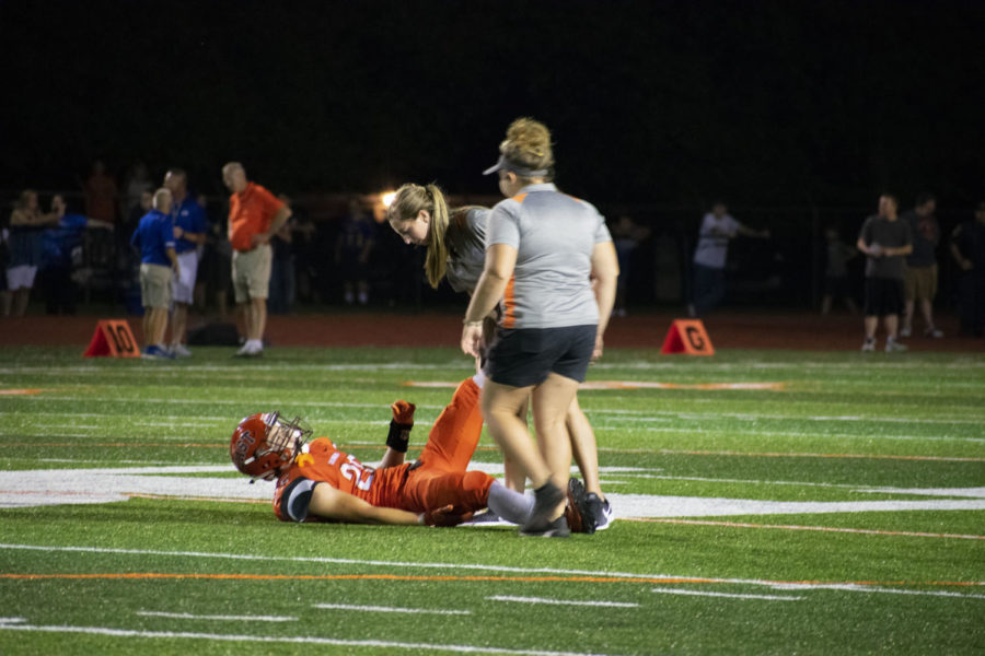 Senior Lance Greiwe injures his leg.