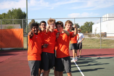 Freshman Gowthamm Mandala, junior Davi Carvalho, junior Ben stenner, senior Caleb Wettschuarack and junior Bridger Wagner are showing their excitement for the match.