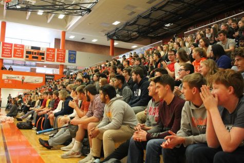 The crowd watches the cheerleaders perform a pyramid.