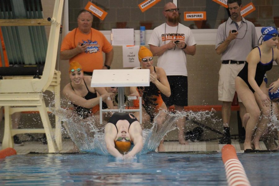Sophomore Karissa Miller leaves the block into a backstroke.