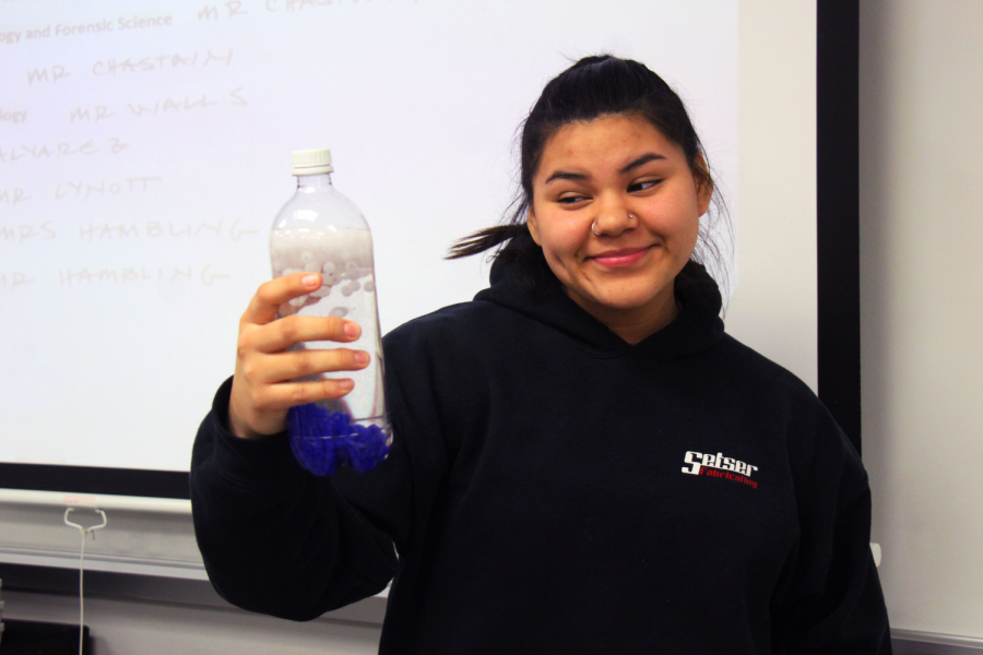 Sophomore Melisa Santana shakes a density bottle in chemistry class.
