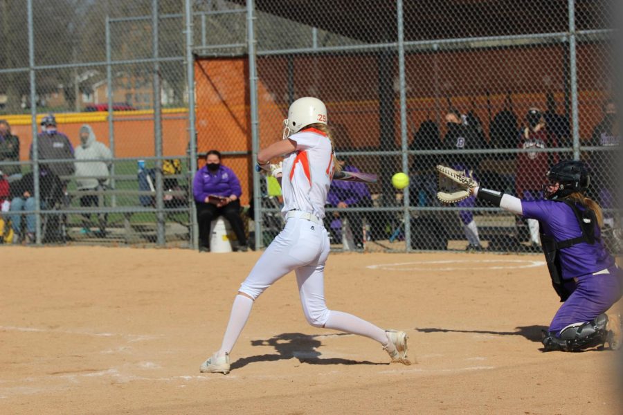 Sophomore Saige Stahl swings at the ball.